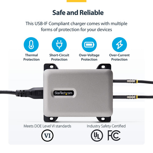 StarTech.com 4-Port Multi-Device USB-C Charger, 240W Total, Single Port 140W EPR, PD 3.1, Screw Locking Ports, Surface Mounting, Ideal for Boardrooms, 2x 10ft USB-C Side Locking 240W Cables Included