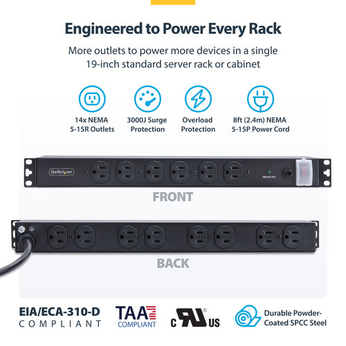 StarTech.com 14-Outlet Rackmount PDU, 1U Server Power Strip with 6x Front and 8x Rear Ports, Mounted Power Distribution Unit for 19-Inch Racks and Cabinets