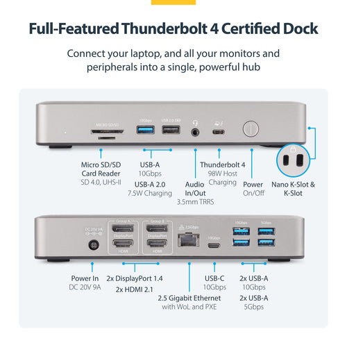StarTech.com Universal USB4 & Thunderbolt 4 Docking Station, Quad Display on Windows, Dual Display on MacBook, HDMI DP Dock with 98W Laptop Charging