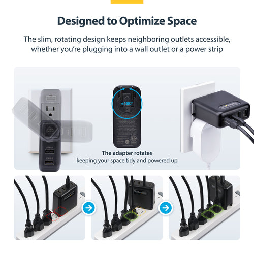 StarTech.com 100W USB-C Wall Charger, 2x USB-C/2x USB-A, Fast Charging Portable GaN Charger Power Adapter, USB Power Delivery 3.0, 6ft/1.8m Cable