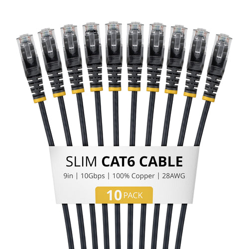StarTech.com 9in Black Slim CAT6 Cable, 10 Pack, Snagless, 100W PoE, UTP, LSZH, 28AWG Pure Bare Copper Wire, Slim RJ45 Network Patch Cord w/Strain Reliefs, Individually Tested
