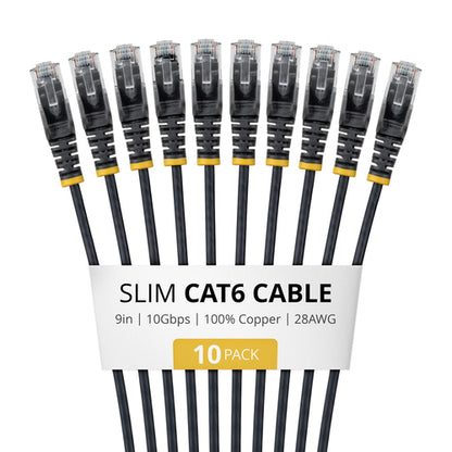 StarTech.com 9in Black Slim CAT6 Cable, 10 Pack, Snagless, 100W PoE, UTP, LSZH, 28AWG Pure Bare Copper Wire, Slim RJ45 Network Patch Cord w/Strain Reliefs, Individually Tested