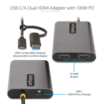 StarTech.com USB-C to Dual-HDMI Adapter - USB-C or A to 2x HDMI - 4K 60Hz - 100W Power Delivery Pass-Through - 1ft (30cm) Built-in Cable - USB to HDMI Multi-Monitor Converter for Laptop - TAA
