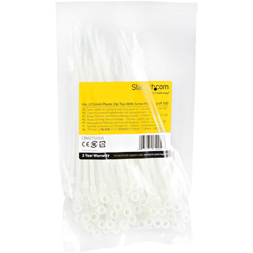 StarTech.com 6"(15cm) Cable Ties with Mounting Hole - 1/8"(3mm) wide, 1-1/2"(40mm) Bundle Dia. 40lb(18kg) Tensile Strength, Nylon 66 Self Locking Ties w/Screw Hole, UL Listed, 100 Pack