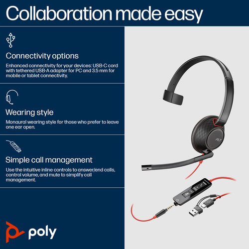 HP Poly Blackwire 5210 Monaural USB-C Headset +3.5mm Plug +USB-C/A Adapter
