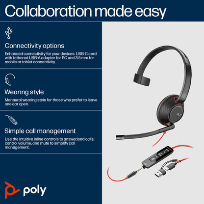 HP Poly Blackwire 5210 Monaural USB-C Headset +3.5mm Plug +USB-C/A Adapter