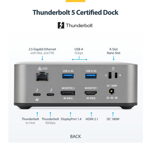 StarTech.com Thunderbolt 5/4 & USB4 Universal Dock, Multi-Display, Up to 8K 60Hz, 140W Charging, 30W PD Phone Charging, USB 10G, 2.5G LAN, 180W Adapter Included