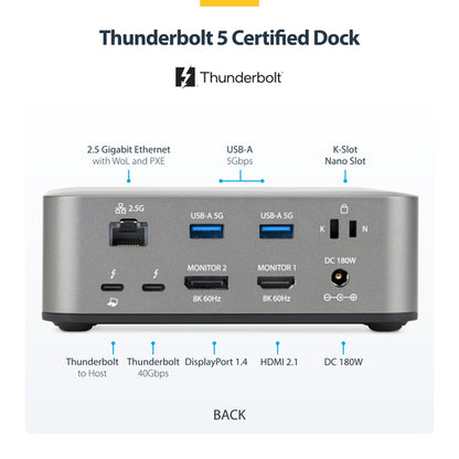 StarTech.com Thunderbolt 5/4 & USB4 Universal Dock, Multi-Display, Up to 8K 60Hz, 140W Charging, 30W PD Phone Charging, USB 10G, 2.5G LAN, 180W Adapter Included