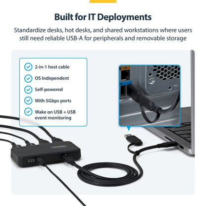 StarTech.com 4-Port USB-A Hub, 5Gbps, Self-Powered, 2-in-1 USB-C and USB-A Host Cable, 1x BC 1.2 Charging Port, 24W Power Adapter Included, MacBook and Windows