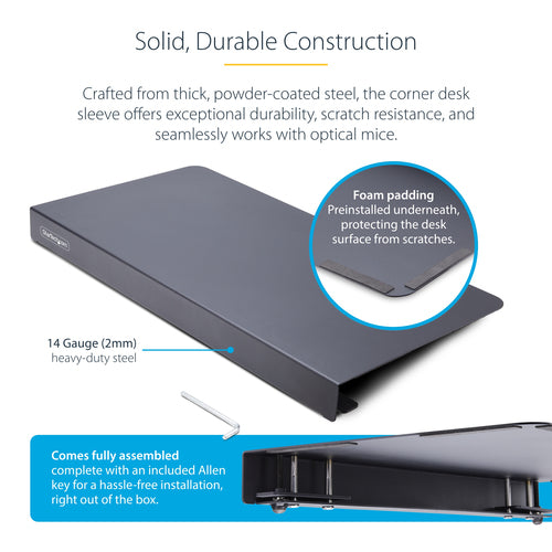 StarTech.com Clamp-On Steel Desk Corner Sleeve for L-Shaped/Corner Desk, For 0.5-1.5in (12.7-38.1mm) Desks, Increase Space for Keyboard/Mouse, Desk Extender/Tray For Wooden/Steel Desks, Ships Assembled