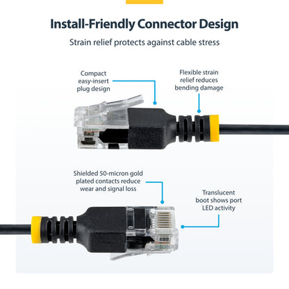 StarTech.com 2ft Black Ultra Slim Cat6A Ethernet Cable, UTP, Pure Bare Copper Wire, 34AWG Slim RJ45 Network Patch Cord, Individually Tested
