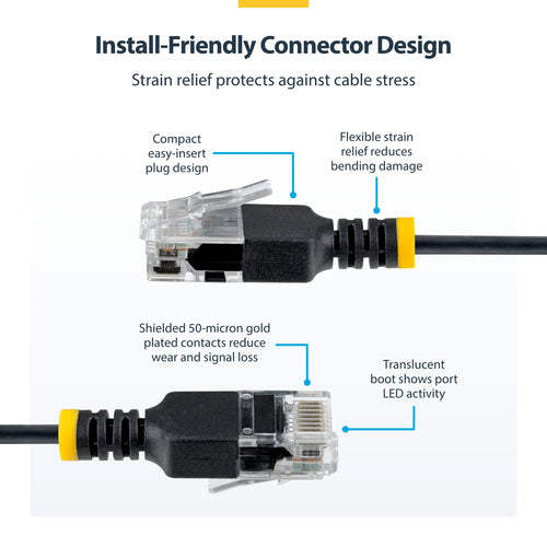 StarTech.com 4ft Black Ultra Slim Cat6A Ethernet Cable, UTP, Pure Bare Copper Wire, 34AWG Slim RJ45 Network Patch Cord, Individually Tested