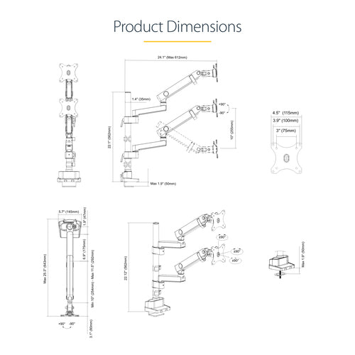 StarTech.com Desk Mount Dual Monitor Arm, Full Motion Monitor Mount for 2x VESA Displays up to 32" (17.6lb/8kg), Height Adjustable, Clamp/Grommet Mount, Mechanical Spring