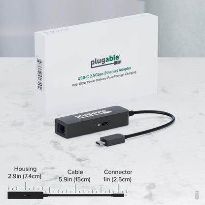 Plugable Technologies USB C to Ethernet Adapter 2.5Gb with 100W USB-C PD Charging, 2.5 Gigabit Type C USB Ethernet Adapter for Windows, MacBook, Chrome, iPad, Surface, XPS, Thunderbolt 4, USB4 (USBC-E2500PD)