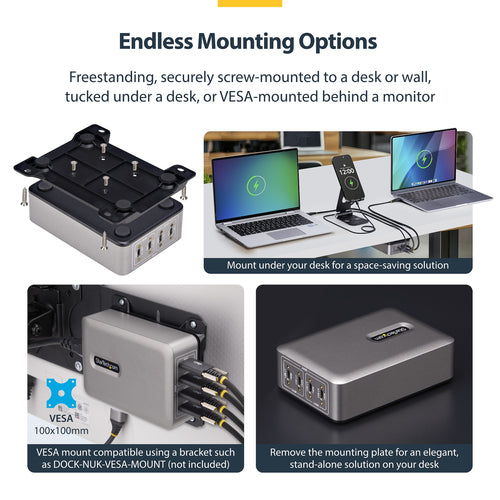StarTech.com 4-Port Multi-Device USB-C Charger, 240W Total, Single Port 140W EPR, PD 3.1, Screw Locking Ports, Surface Mounting, Ideal for Boardrooms, 2x 10ft USB-C Side Locking 240W Cables Included
