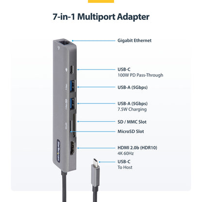 StarTech.com USB-C Multiport Adapter Hub, USB-C to 4K 60Hz HDMI, Gigabit Ethernet and 100W Laptop Charging for Macbook Pro / Air and Windows