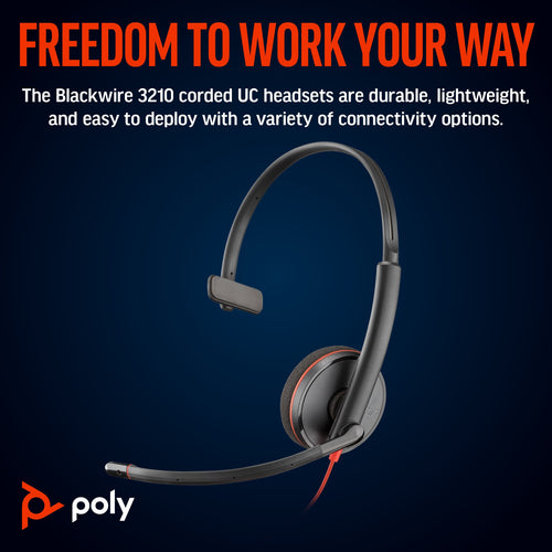 HP Poly Blackwire 3210 Monaural USB-C Headset +USB-C/A Adapter
