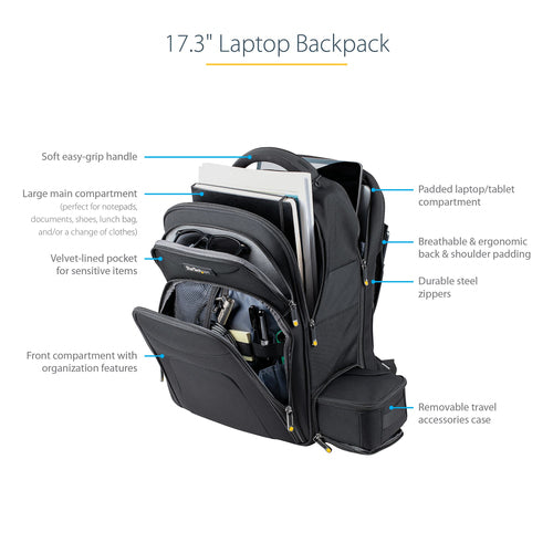 StarTech.com 17.3" Laptop Backpack with Removable Accessory Organizer Case - Professional IT Tech Backpack for Work/Travel/Commute - Ergonomic Computer Bag - Durable Ballistic Nylon - Notebook/Tablet Pockets