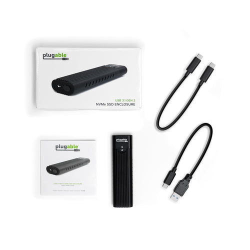 Plugable Technologies USB-C M.2 NVMe SSD Enclosure; Tool-Free & Driverless. USB 3 Type-C, including Thunderbolt and USB4, at 10Gbps. For M.2 NVMe SSDs 2230 to 2280 PCIe Gen 3 and 4. USB C and USB A cables included