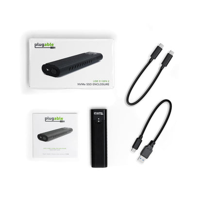Plugable Technologies USB-C M.2 NVMe SSD Enclosure; Tool-Free & Driverless. USB 3 Type-C, including Thunderbolt and USB4, at 10Gbps. For M.2 NVMe SSDs 2230 to 2280 PCIe Gen 3 and 4. USB C and USB A cables included