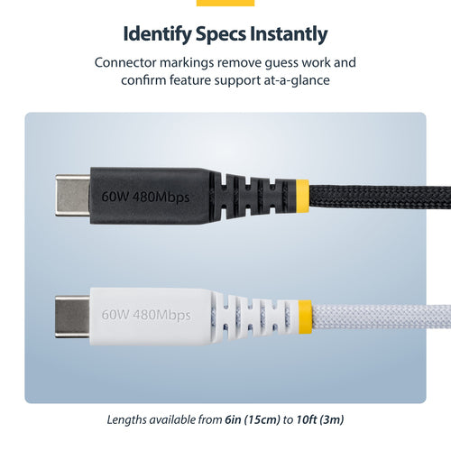 StarTech.com 1ft (30cm) USB-C Charging Cable, 60W (3A) PD, Dual-Layer Braided Nylon/TPE Jacket, Rugged USB C Charging Cord, USB 2.0 Laptop Charger Cable