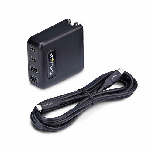 StarTech.com 100W USB-C Wall Charger, 2x USB-C/2x USB-A, Fast Charging Portable GaN Charger Power Adapter, USB Power Delivery 3.0, 6ft/1.8m Cable