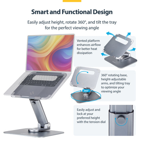 StarTech.com Telescopic Laptop Stand, 360 Swivel Base, Rotating Computer Riser for Desk, Adjustable Height and Tilt, Max 11lb/5kg, Aluminum Build, Portable Design