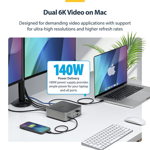 StarTech.com Thunderbolt 5/4 & USB4 Universal Dock, Multi-Display, Up to 8K 60Hz, 140W Charging, 30W PD Phone Charging, USB 10G, 2.5G LAN, 180W Adapter Included