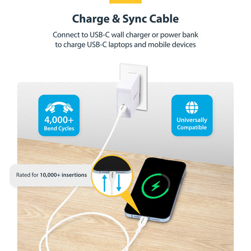 StarTech.com 10ft (3m) USB-C Charging Cable, Charge & Sync, 60W (3A) PD, USB 2.0 Laptop Charger Cable, TPE Jacket - White USB C Charging Cord