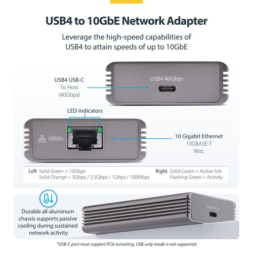 StarTech.com USB4 to Ethernet Adapter, 10GbE, Multi-Gigabit, Thunderbolt Compatible, 10GBASE-T/5G/2.5G NIC, 10G Ethernet Adapter, 0.5m USB4 Cable, Win/Mac, TAA