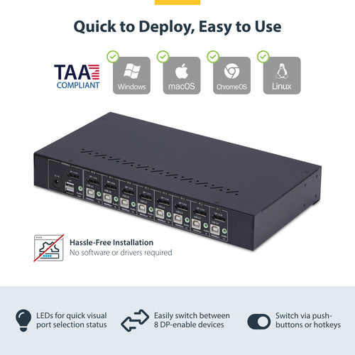 StarTech.com 8-Port DisplayPort KVM Switch with 1U Rack Mount Kit, 4K 60Hz DP 1.2, Push-Button & Hotkey Switching, 4-Port USB Hub, OS Independent, TAA Compliant