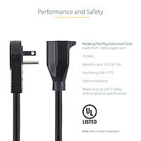 StarTech.com 3ft (1m) Power Extension Cord - 360; Rotating Flat Plug Extension Cord - NEMA 5-15P to NEMA 5-15R, 16 AWG, 125V/13A - Black Short 3-Prong Power Extender Cable