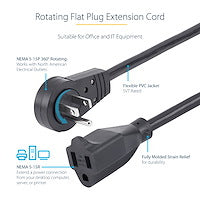 StarTech.com 3ft (1m) Power Extension Cord - 360; Rotating Flat Plug Extension Cord - NEMA 5-15P to NEMA 5-15R, 16 AWG, 125V/13A - Black Short 3-Prong Power Extender Cable