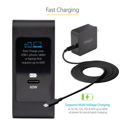 StarTech.com USB C Wall Charger - USB C Laptop Charger 60W PD - 6ft/2m Cable - Universal Compact Type C Power Adapter - Dell XPS, Lenovo X1 Carbon, HP EliteBook, MacBook - USB IF/ETL Certified
