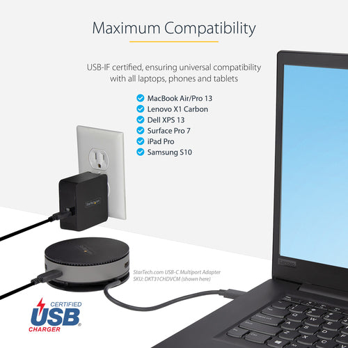 StarTech.com USB C Wall Charger - USB C Laptop Charger 60W PD - 6ft/2m Cable - Universal Compact Type C Power Adapter - Dell XPS, Lenovo X1 Carbon, HP EliteBook, MacBook - USB IF/ETL Certified