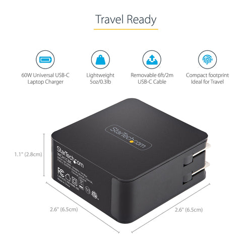 StarTech.com USB C Wall Charger - USB C Laptop Charger 60W PD - 6ft/2m Cable - Universal Compact Type C Power Adapter - Dell XPS, Lenovo X1 Carbon, HP EliteBook, MacBook - USB IF/ETL Certified