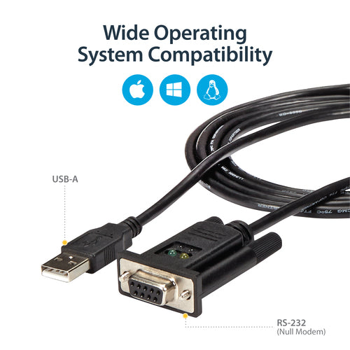 StarTech.com 6ft (1.8m) 1-Port USB to Serial RS232 Adapter, FTDI DB9 Serial DCE Adapter Cable, Null Modem, USB 2.0 - TAA
