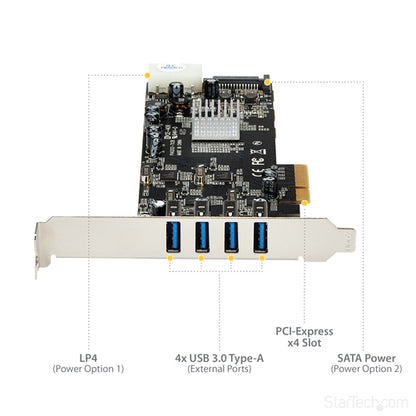 StarTech.com 4 Port USB 3.0 PCIe Card w/ 4 Dedicated 5Gbps Channels (USB 3.2 Gen 1) - UASP - SATA / LP4 Power - PCI Express Adapter Card