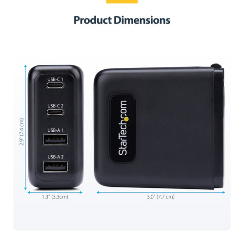 StarTech.com 100W USB-C Wall Charger, 2x USB-C/2x USB-A, Fast Charging Portable GaN Charger Power Adapter, USB Power Delivery 3.0, 6ft/1.8m Cable