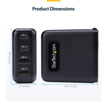 StarTech.com 100W USB-C Wall Charger, 2x USB-C/2x USB-A, Fast Charging Portable GaN Charger Power Adapter, USB Power Delivery 3.0, 6ft/1.8m Cable