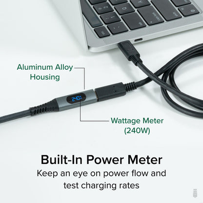 Plugable Technologies USB C Extension Cable 3.3 Ft, Digital Power Meter Tester for Monitoring USB-C Connections, Supports Fast Charging up to 240W, 4K 60Hz Display, 10Gbps Data, Digital Multimeter Tester