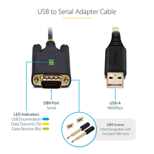 StarTech.com 6.6ft (2m) USB to Serial Adapter Cable, COM Retention, Interchangeable Screws/Nuts, USB-A to DB9 RS232, FTDI IC, ESD Protection, Windows/macOS/Linux