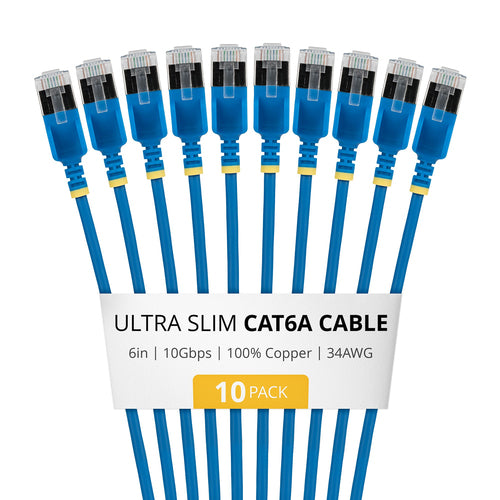 StarTech.com 6in Blue Ultra Slim Cat6A Ethernet Cable, 10 pack, Snagless, FTP, Pure Bare Copper Wire, 34AWG Ultra Slim RJ45 Network Patch Cord, Individually Tested