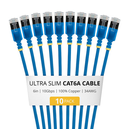 StarTech.com 6in Blue Ultra Slim Cat6A Ethernet Cable, 10 pack, Snagless, FTP, Pure Bare Copper Wire, 34AWG Ultra Slim RJ45 Network Patch Cord, Individually Tested