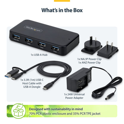 StarTech.com 4-Port USB-A Hub, 5Gbps, Self-Powered, 2-in-1 USB-C and USB-A Host Cable, 1x BC 1.2 Charging Port, 24W Power Adapter Included, MacBook and Windows