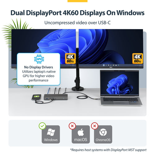 StarTech.com Dual-Monitor USB-C Docking Station, DisplayPort, 4K 60Hz, 100W Laptop Charging, 1GbE, Driverless, Multi-Monitor Dock For Windows