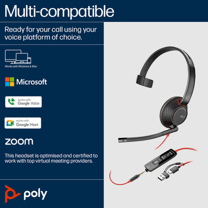 HP Poly Blackwire 5210 Monaural USB-C Headset +3.5mm Plug +USB-C/A Adapter (Bulk)