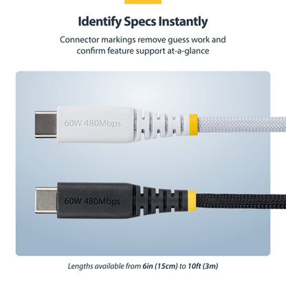 StarTech.com 10ft (3m) White USB-C Charging Cable, 60W (3A) PD, Dual-Layer Braided Nylon/TPE Jacket, Rugged USB C Charging Cord, USB 2.0 Laptop Charger Cable