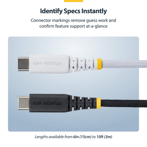 StarTech.com 1ft (30cm) White USB-C Charging Cable, 60W (3A) PD, Dual-Layer Braided Nylon/TPE Jacket, Rugged USB C Charging Cord, USB 2.0 Laptop Charger Cable