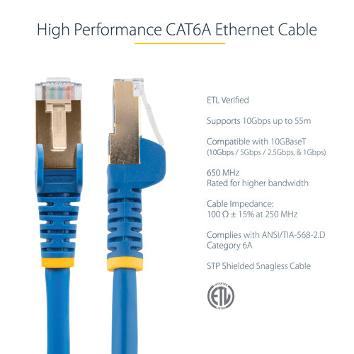StarTech.com 2ft CAT6a Ethernet Cable - 10 Gigabit Shielded Snagless RJ45 100W PoE Patch Cord - 10GbE STP Network Cable w/Strain Relief - Blue Individually Tested/Wiring is UL Certified/TIA